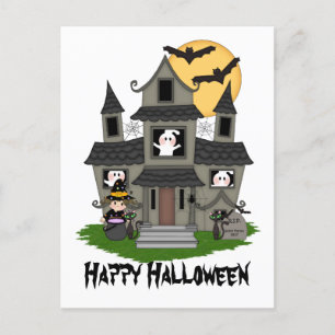 Carte Postale Halloween maison hantée et petite sorcière blanche