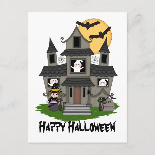 Carte Postale Halloween maison hantée et petite sorcière blanche (Devant)