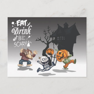 Carte Postale Halloween Maison hantée Werewolf Skeleton Citrouil