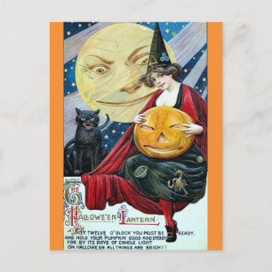Carte Postale Halloween Mignon Sorcière Vintage Chat Noir Lune P
