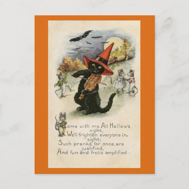 Carte Postale Halloween mignon Vintage chat noir poème (Devant)