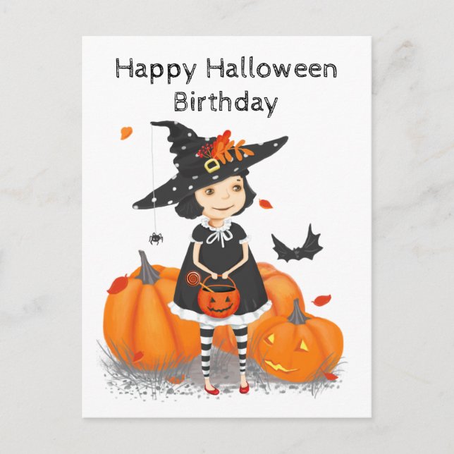 Carte Postale Halloween Mignonne Petite Sorcière (Devant)