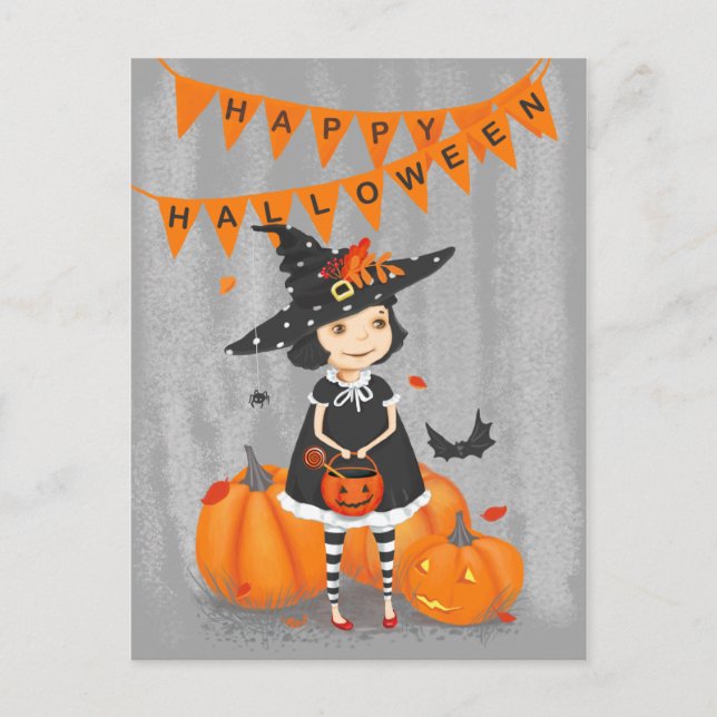 Carte Postale Halloween Mignonne Petite Sorcière (Devant)