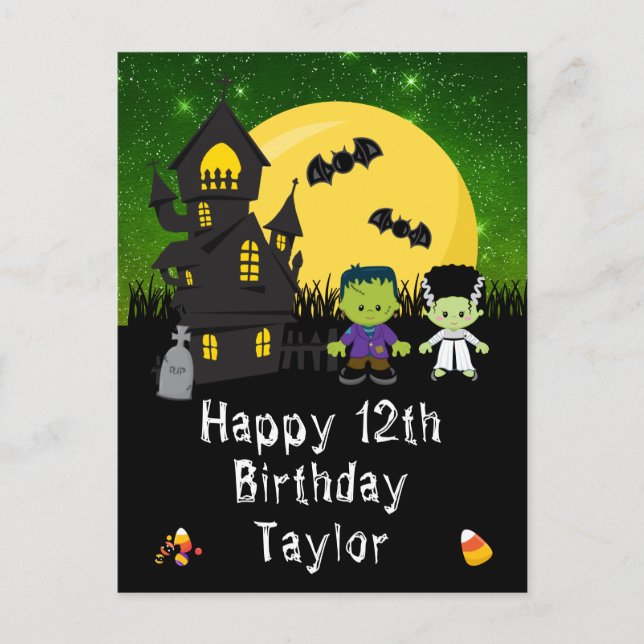 Carte Postale Halloween Monstres Green Joyeux Anniversaire (Devant)