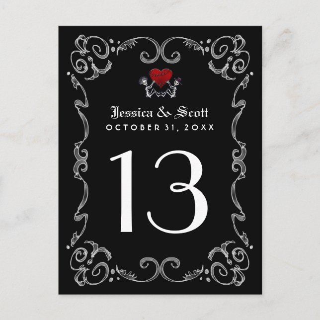 Carte Postale Halloween noir blanc Skeletons Heart Table Numéro (Devant)