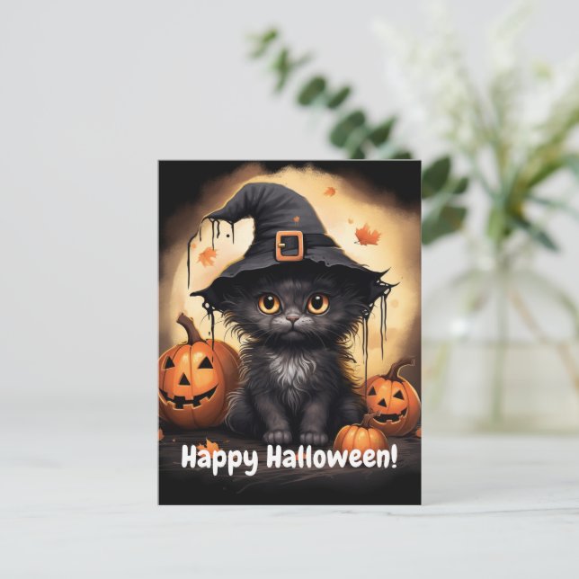 Carte Postale Halloween noir Kitty Citrouille Whitchy (Debout devant)