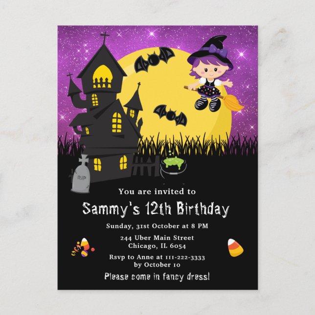 Carte Postale Halloween robe fantaisie Anniversaire sorcière vio (Devant)