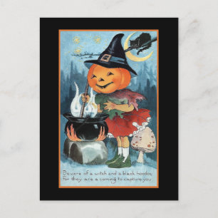 Carte Postale Halloween Salutations Citrouille Vintage sorcière 
