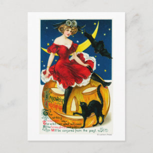 Carte Postale Halloween Salutations Femme sur Jack-o-Lantern