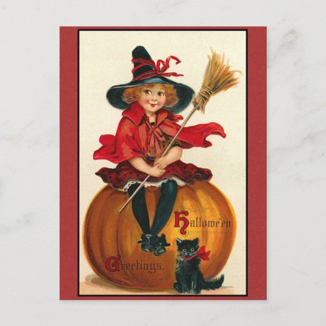 Carte Postale Halloween Salutations Vintage fille et chat (Devant)