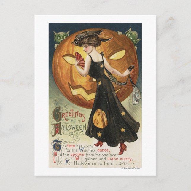 Carte Postale Halloween SalutationWitch Danser et Citrouille (Devant)