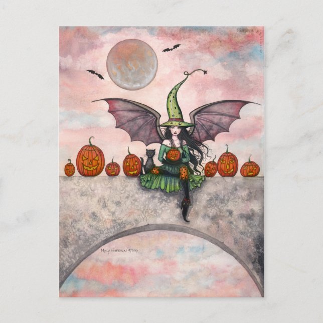 Carte postale Halloween sorcière chat citrouilles (Devant)