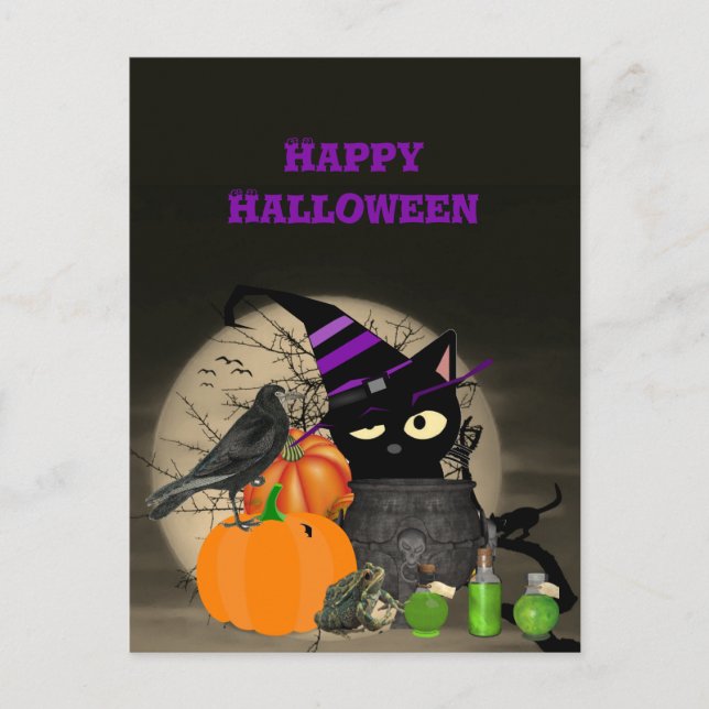 Carte postale Halloween sorcière chat noir pour en (Devant)