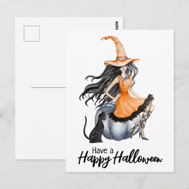 Carte Postale Halloween sorcière et chat noir (Devant / Derrière)