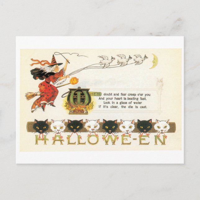 Carte Postale Halloween, sorcière et chats à l'ancienne (Devant)