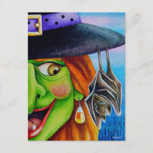 Carte Postale Halloween sorcière et chauve-souris aquarelle art