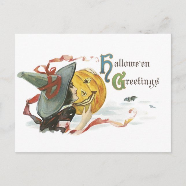 Carte Postale Halloween, sorcière et Jack-o'-lanterne (Devant)