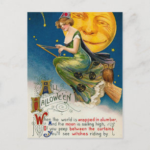 Carte postale Halloween sorcière et lune Vintage