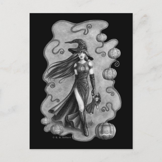 Carte Postale Halloween sorcière et poupée (Devant)