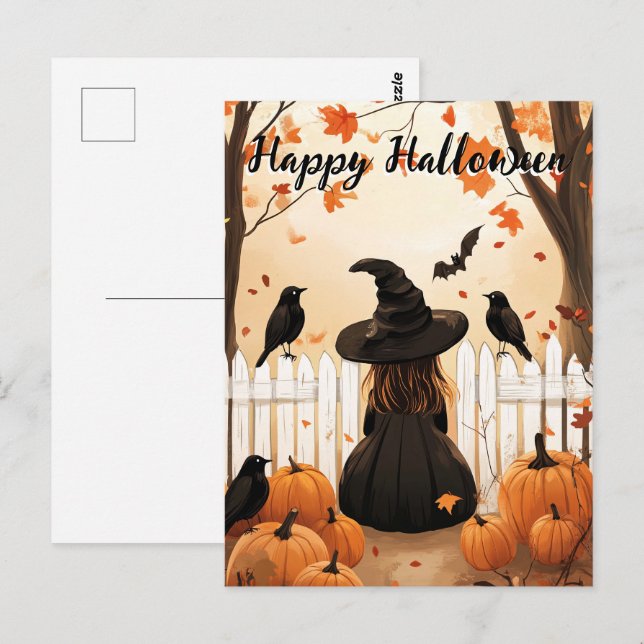 Carte Postale Halloween sorcière mignonne (Devant / Derrière)