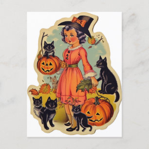 Carte Postale Halloween sorcière vintage et chats noirs