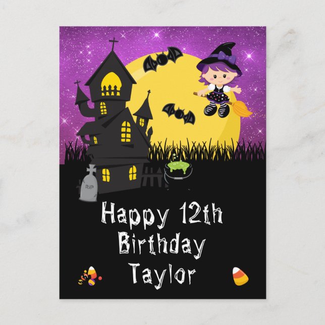 Carte Postale Halloween Sorcière Violet Joyeux Anniversaire (Devant)