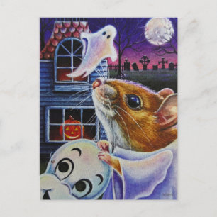 Carte Postale Halloween Souris Fantôme Masque Vintage Aquarelle 