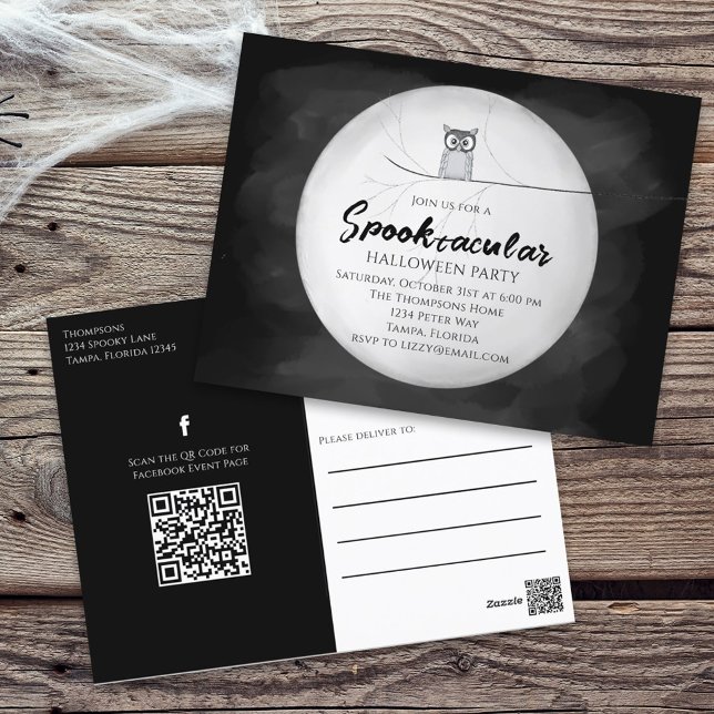 Carte Postale Halloween Spooktacular Owl QR Code Social Media (Créateur téléchargé)