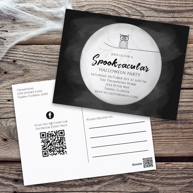 Carte Postale Halloween Spooktacular Owl QR Code Social Media (Créateur téléchargé)