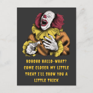 Carte Postale Halloween Trick ou Traiter Clown rire jaune