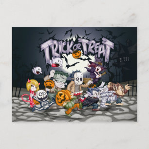 Carte Postale Halloween Tricoter ou traiter les enfants