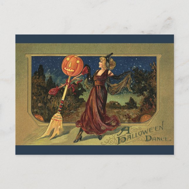 Carte Postale Halloween vintage, Belle Sorcière dansante (Devant)