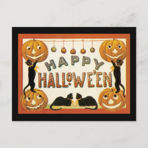 Carte Postale Halloween vintage, Chats noirs avec Jackolanterns