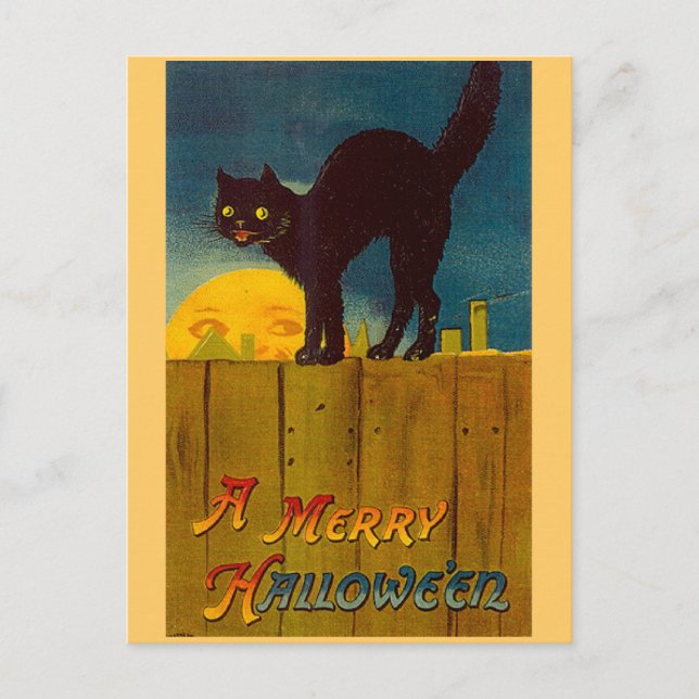 Carte Postale Halloween vintage en chat noir (Devant)