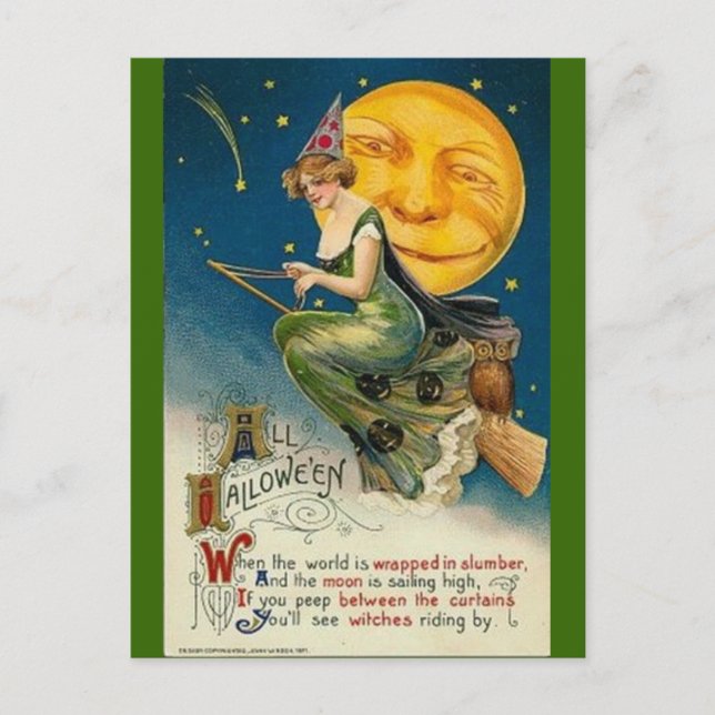 Carte Postale halloween-vintage-lune-hibou-balai (Devant)