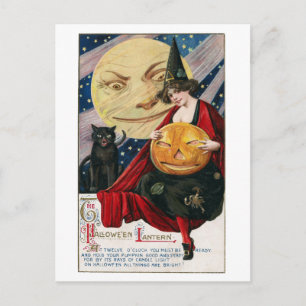 Carte Postale Halloween Vintage Sorcière et Homme dans la Lune j