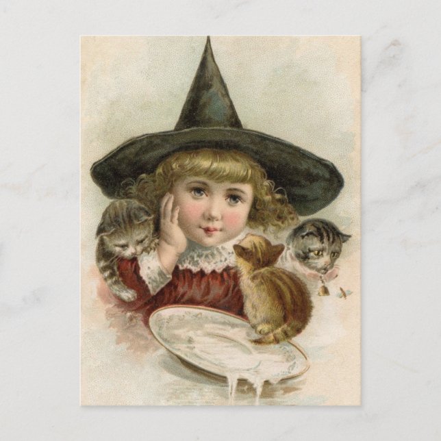 Carte postale Halloween Vintage sorcière Kittens (Devant)