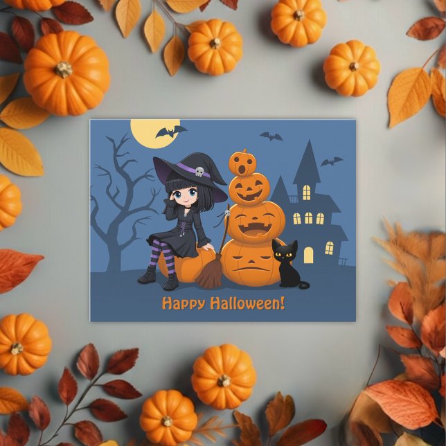 Carte Postale Halloween Witch, Chat noir et Citrouille (Créateur téléchargé)