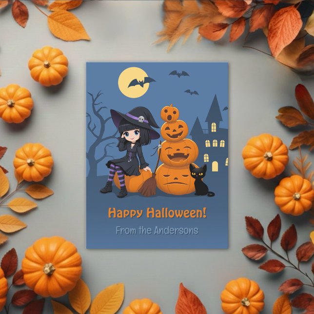 Carte Postale Halloween Witch, Chat noir et Citrouille (Créateur téléchargé)