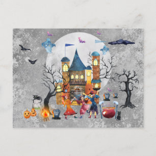 Carte Postale Halloween Witch Party Haunted House aquarelle