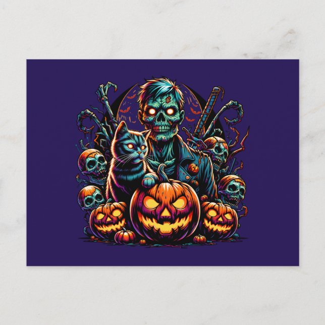 Carte Postale Halloween Zombie et chat (Devant)