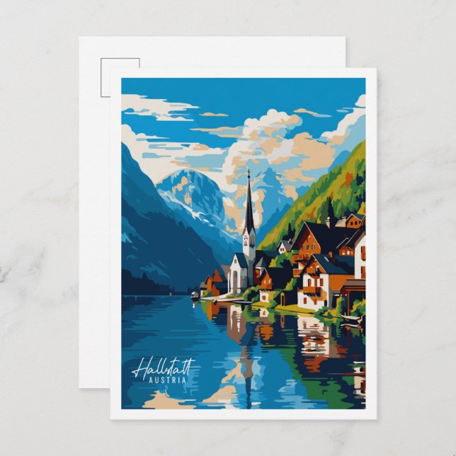 Carte Postale Hallstatt Autriche illustration de voyage vintage (Devant / Derrière)