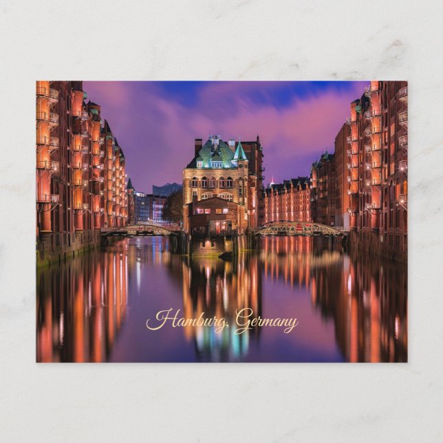 Carte Postale Hambourg, Allemagne à la nuit (Devant)