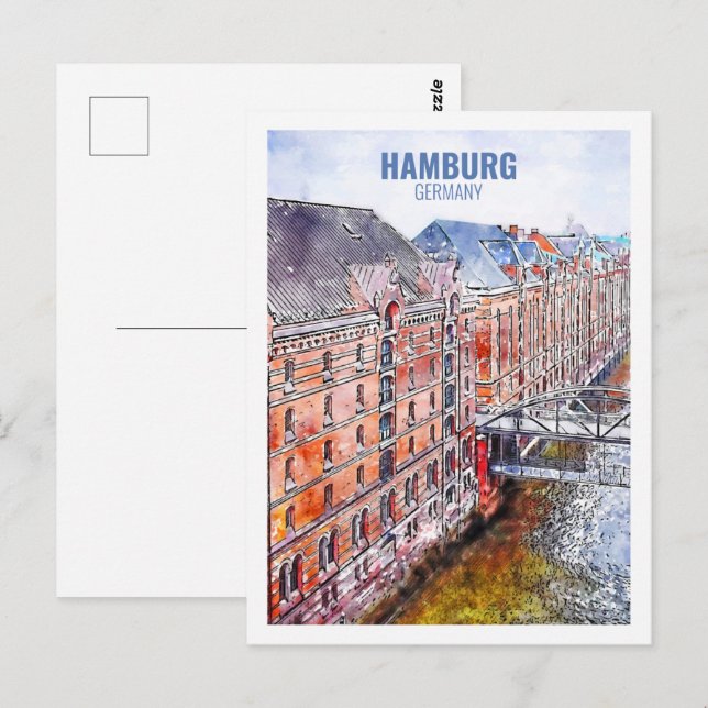 Carte Postale Hambourg Allemagne Fameux Voyage Aquarelle Sketch (Devant / Derrière)