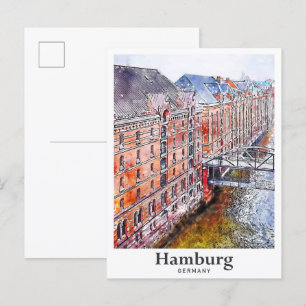 Carte Postale Hambourg Allemagne Voyage Aquarelle main tirée