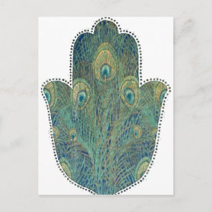 Carte Postale Hamsa à plumes de paon Judaica bohème