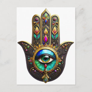 Carte Postale Hamsa Brun Coloré Troisième Oeil Arc-en-ciel