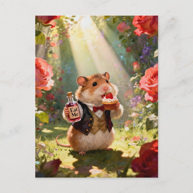 Carte Postale Hamster Adorable Mange un Cupcake aux Fraises (Devant)