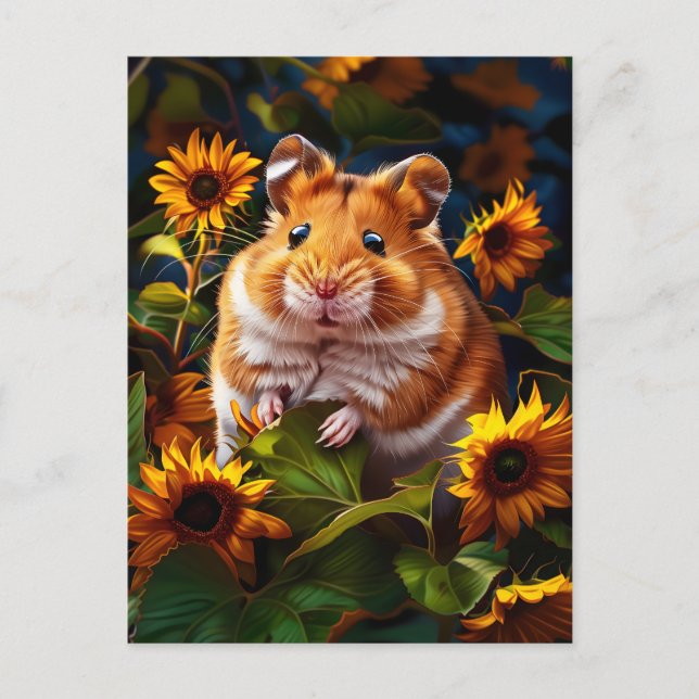 Carte Postale Hamster au milieu des tournesols (Devant)