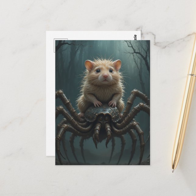 Carte Postale Hamster montant une araignée (Devant/Arrière en situation)